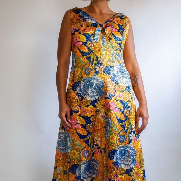 70s metallic floral dress l xl extra large / floral disco dress / formal event d - Picture 2 of 10